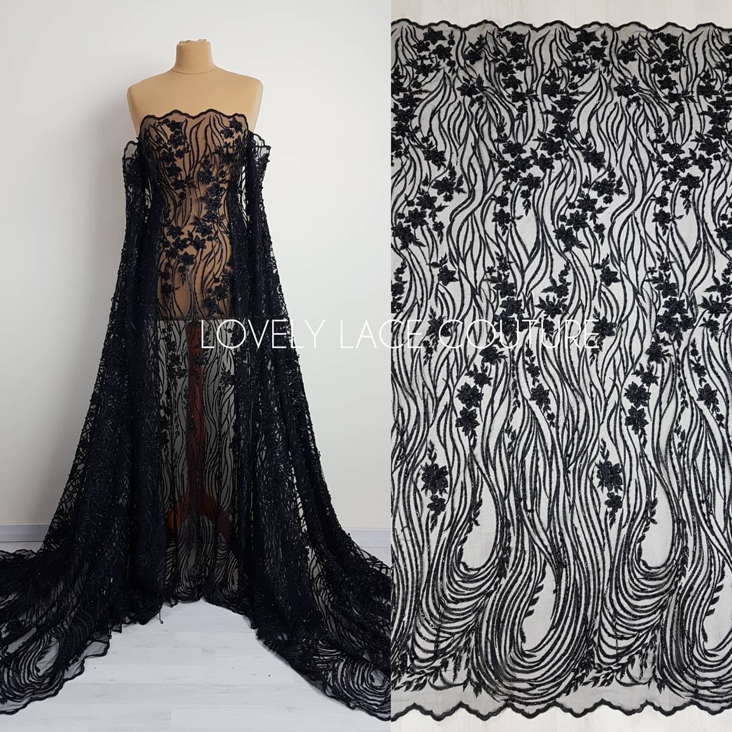 Modern Lace fabric with abstract flower design, black bridal lace, Wedding Lace Fabric, Embroidered lace in dramatic black color LL-1337