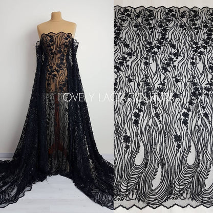 Modern Lace fabric with abstract flower design, black bridal lace, Wedding Lace Fabric, Embroidered lace in dramatic black color LL-1337