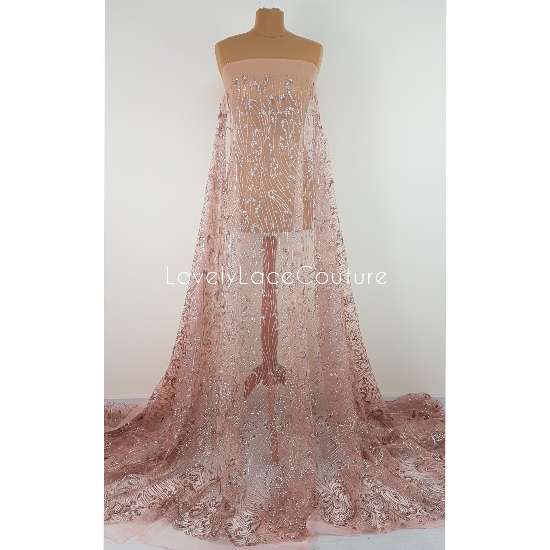 Glitter Stoff mit Pailletten in roségold LL-1391 oder silber LL-1392, Netzstoff mit Glitter im abstraktem Design