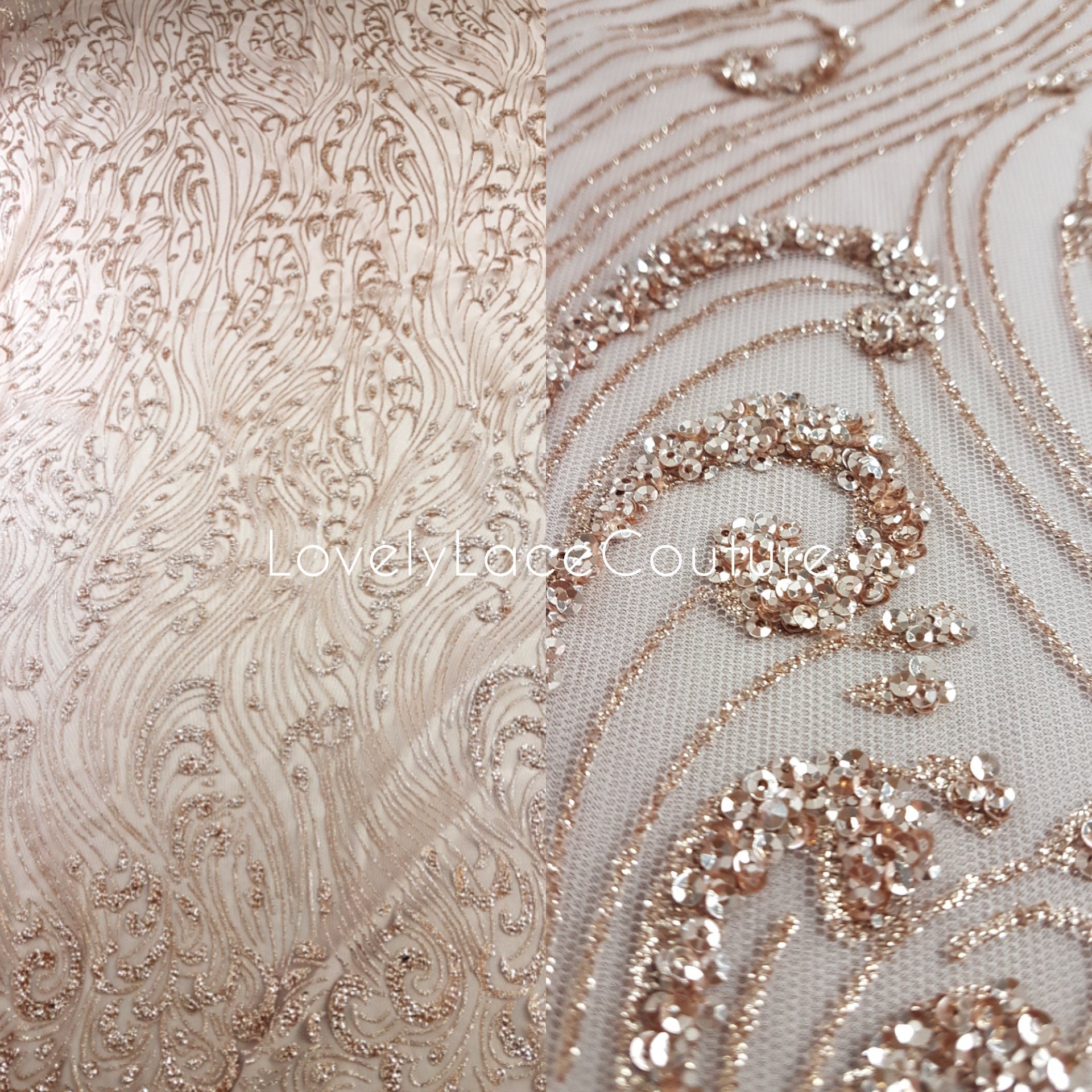 Glitter Stoff mit Pailletten in roségold LL-1391 oder silber LL-1392, Netzstoff mit Glitter im abstraktem Design