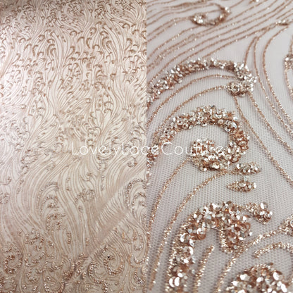 Glitter Stoff mit Pailletten in roségold LL-1391 oder silber LL-1392, Netzstoff mit Glitter im abstraktem Design