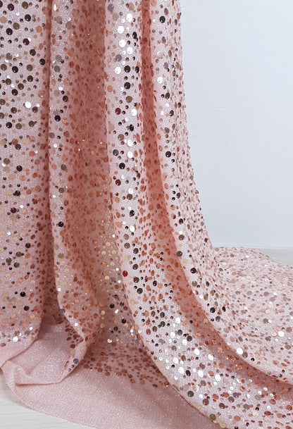 rosé mesh fabric with shiny sequins in roségold, slightly stretchy, knit fabric for dresses, tops, trousers or jumpsutis LL-1304