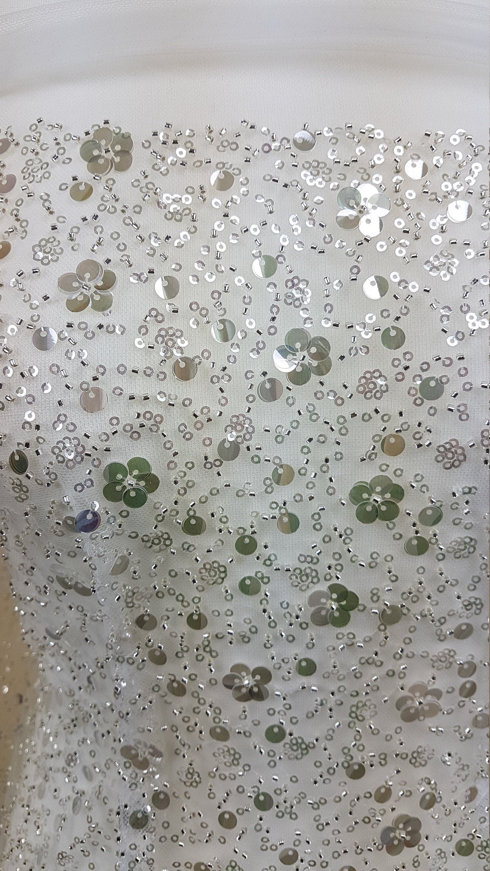 Gorgeous fabric in modern design, white tulle fabric with shiny sequins and beads in silver color, bridal tulle, wedding tulle LL-1147