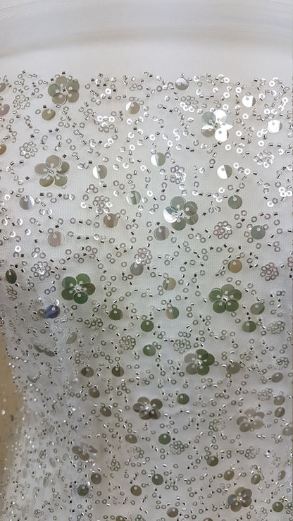 Gorgeous fabric in modern design, white tulle fabric with shiny sequins and beads in silver color, bridal tulle, wedding tulle LL-1147