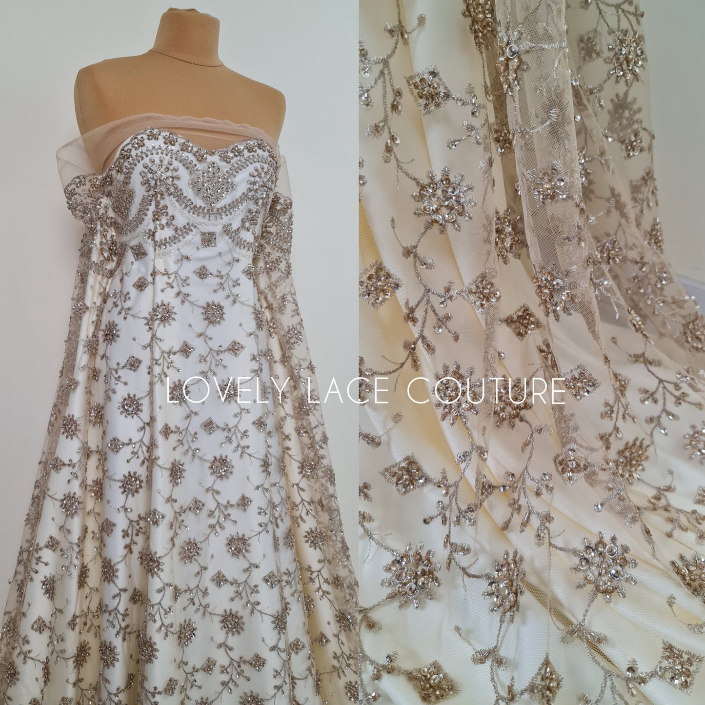 Rare handmade lace fabric in gold color with embroidery on fabric, fabric by the yard or in metre, fabric store, african fabric lace LL-1393