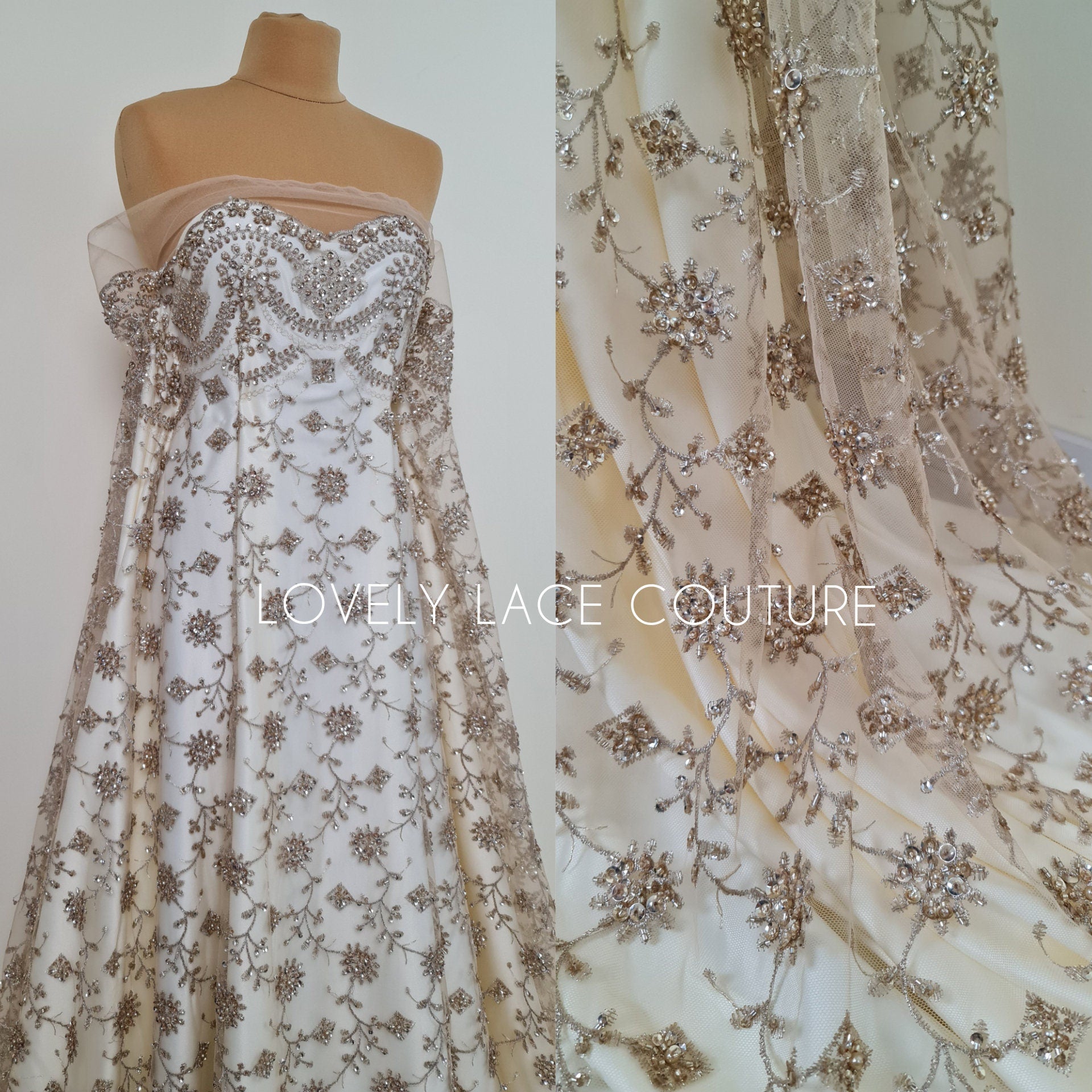 Rare handmade lace fabric in gold color with embroidery on fabric, fabric by the yard or in metre, fabric store, african fabric lace LL-1393