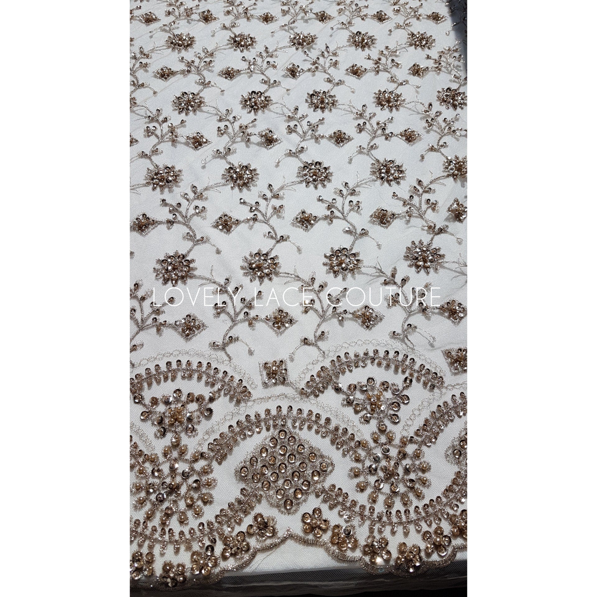 Rare handmade lace fabric in gold color with embroidery on fabric, fabric by the yard or in metre, fabric store, african fabric lace LL-1393