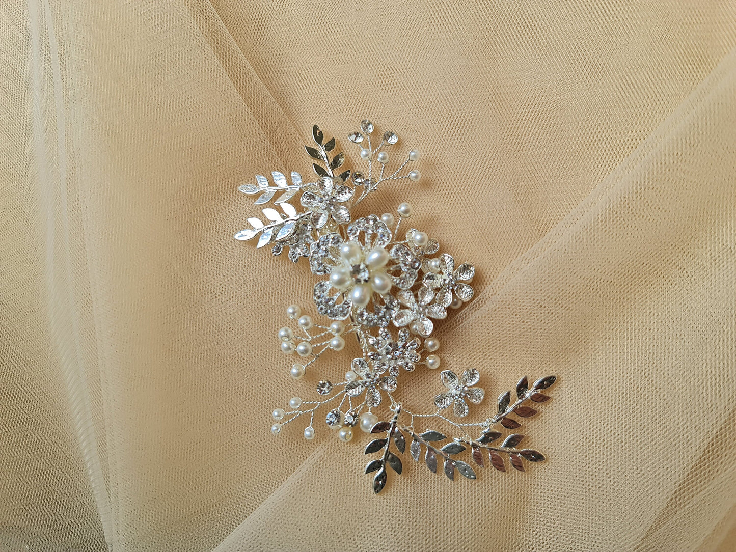 Floral Wedding Headpieces, Bridal Hair Clip, Pearl Crystal Bridal Headpiece, Bridal Hair Jewelry in silver color LL-1397