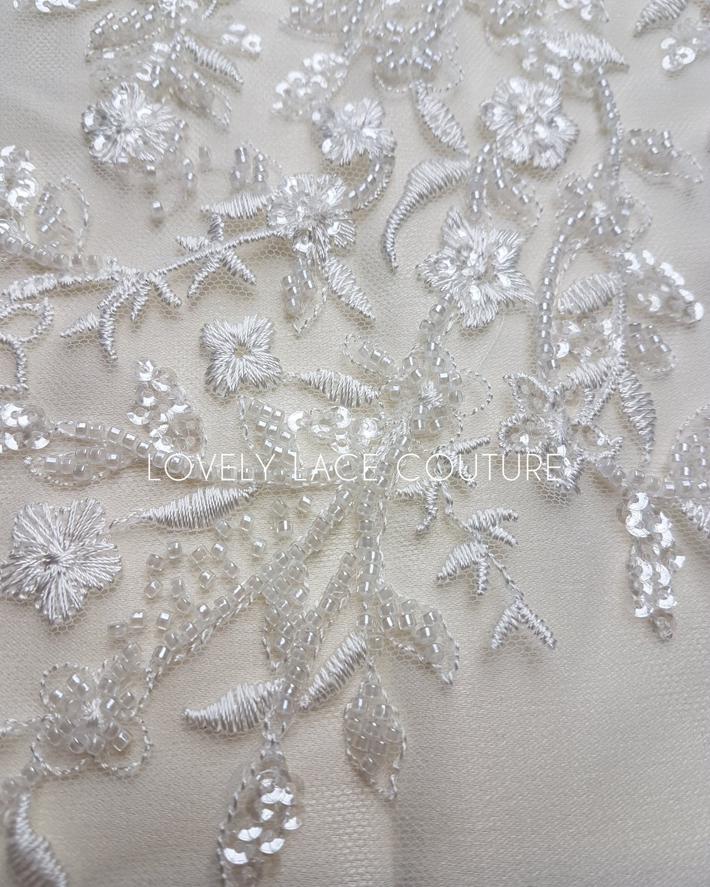 Lovely Flower bridal lace fabric with beads and sequins by yards, luxurious beaded wedding dress lace LL-1399 off-white or icegold LL-1449