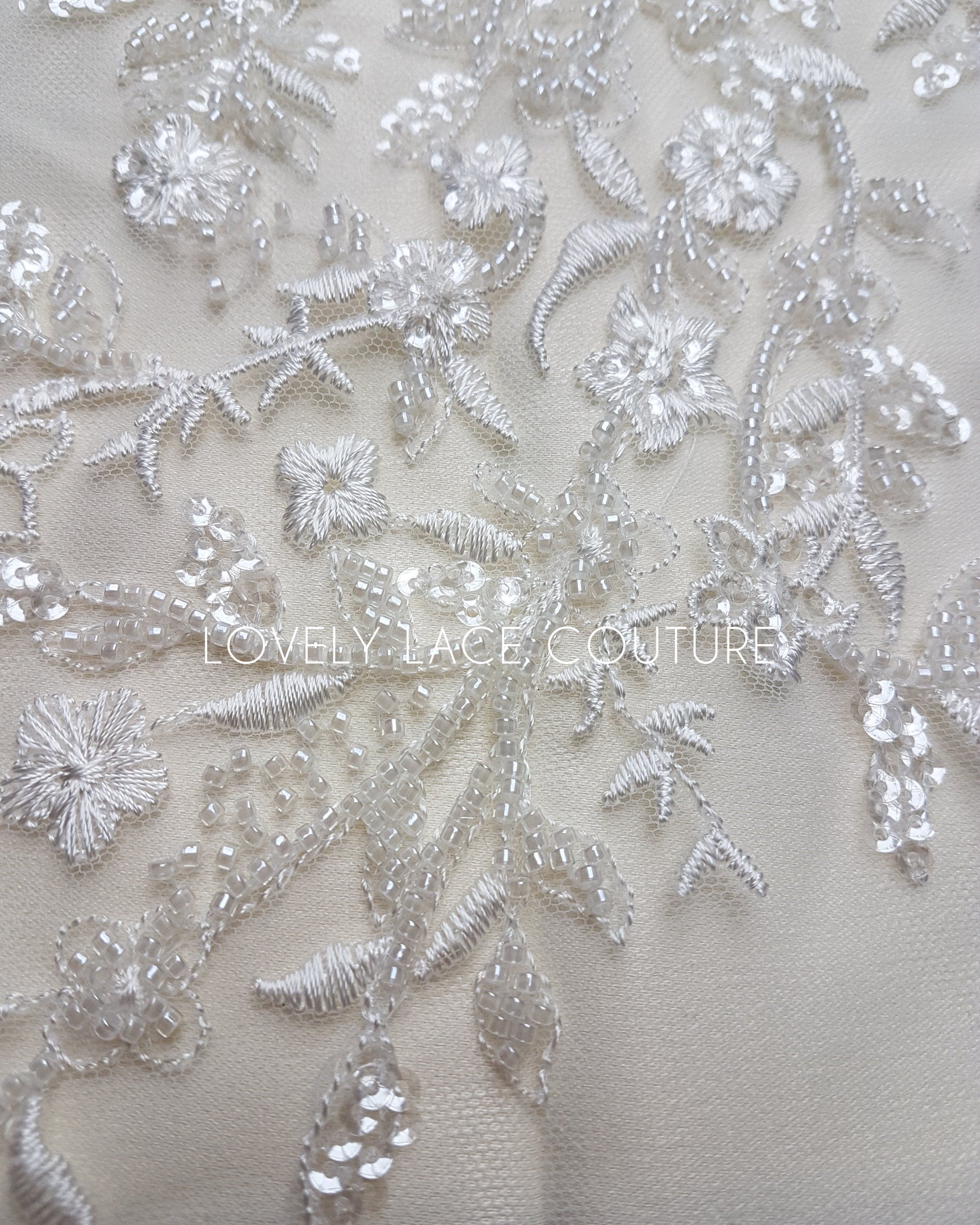 Lovely Flower bridal lace fabric with beads and sequins by yards, luxurious beaded wedding dress lace LL-1399 off-white or icegold LL-1449