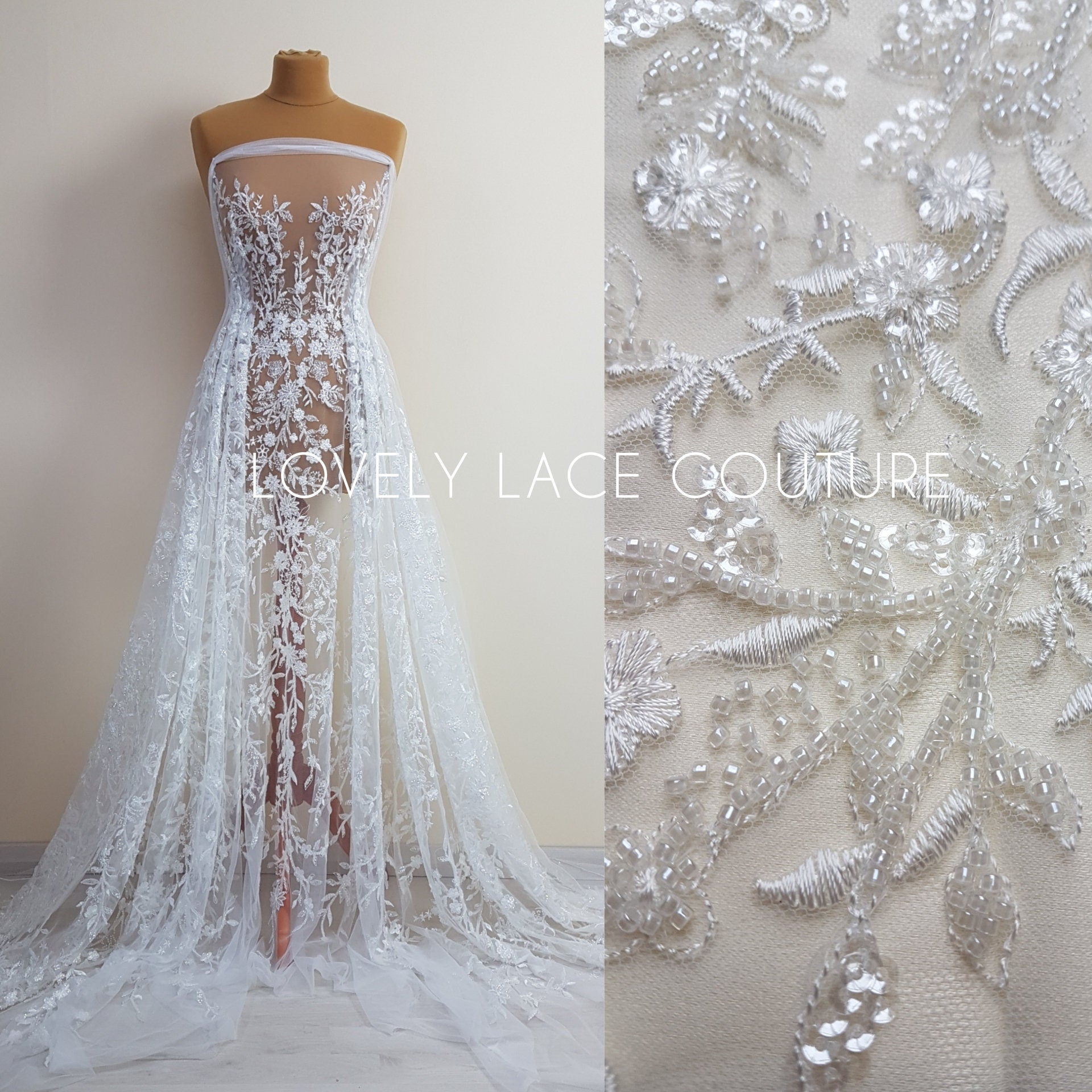 floral lace fabric in off-white color with beads and transparent sequins