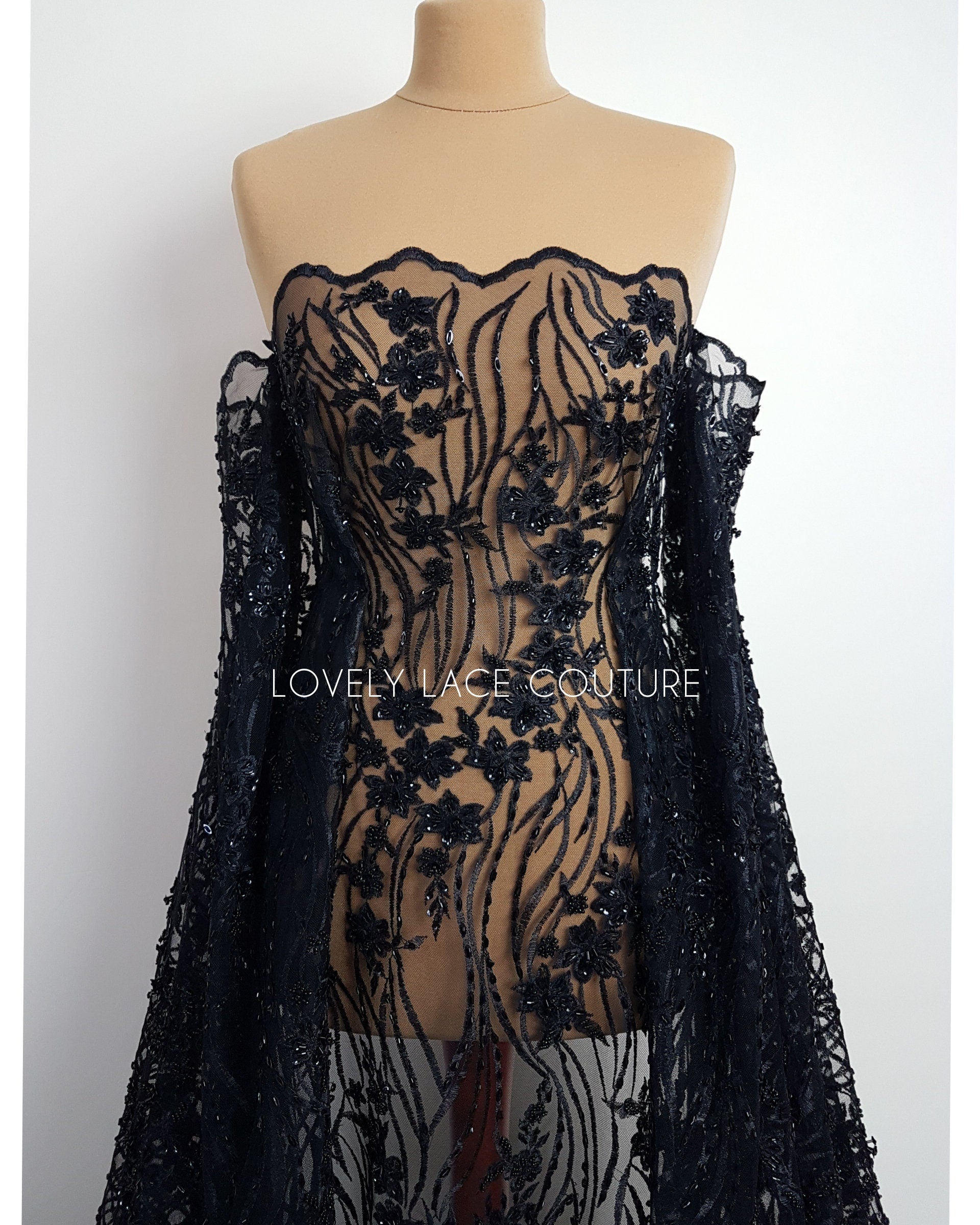 Modern Lace fabric with abstract flower design, black bridal lace, Wedding Lace Fabric, Embroidered lace in dramatic black color LL-1337