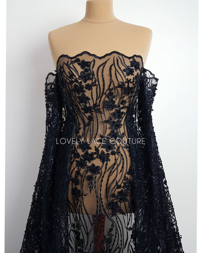 Modern Lace fabric with abstract flower design, black bridal lace, Wedding Lace Fabric, Embroidered lace in dramatic black color LL-1337