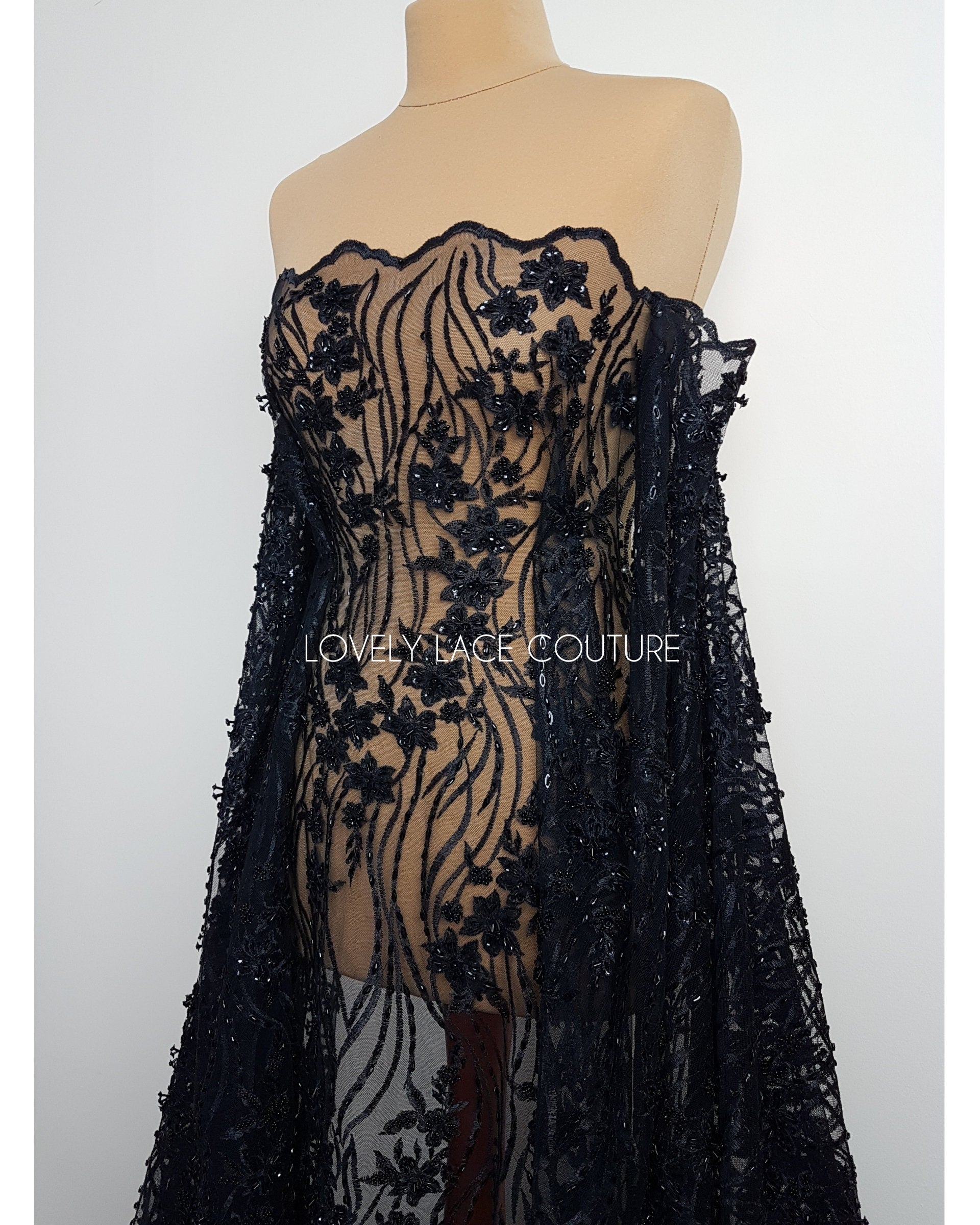 Modern Lace fabric with abstract flower design, black bridal lace, Wedding Lace Fabric, Embroidered lace in dramatic black color LL-1337