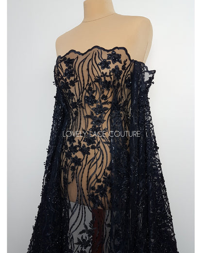 Modern Lace fabric with abstract flower design, black bridal lace, Wedding Lace Fabric, Embroidered lace in dramatic black color LL-1337