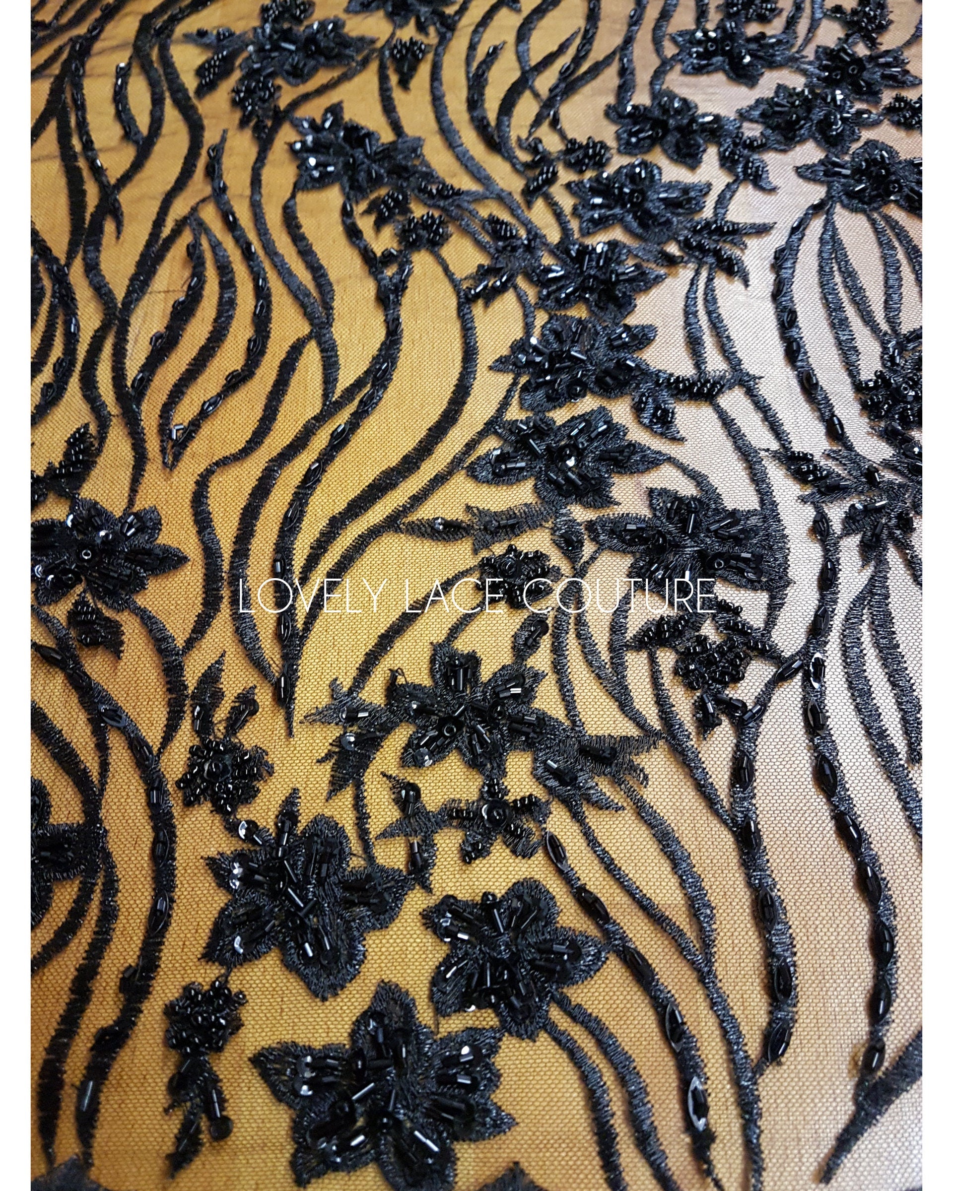 Modern Lace fabric with abstract flower design, black bridal lace, Wedding Lace Fabric, Embroidered lace in dramatic black color LL-1337