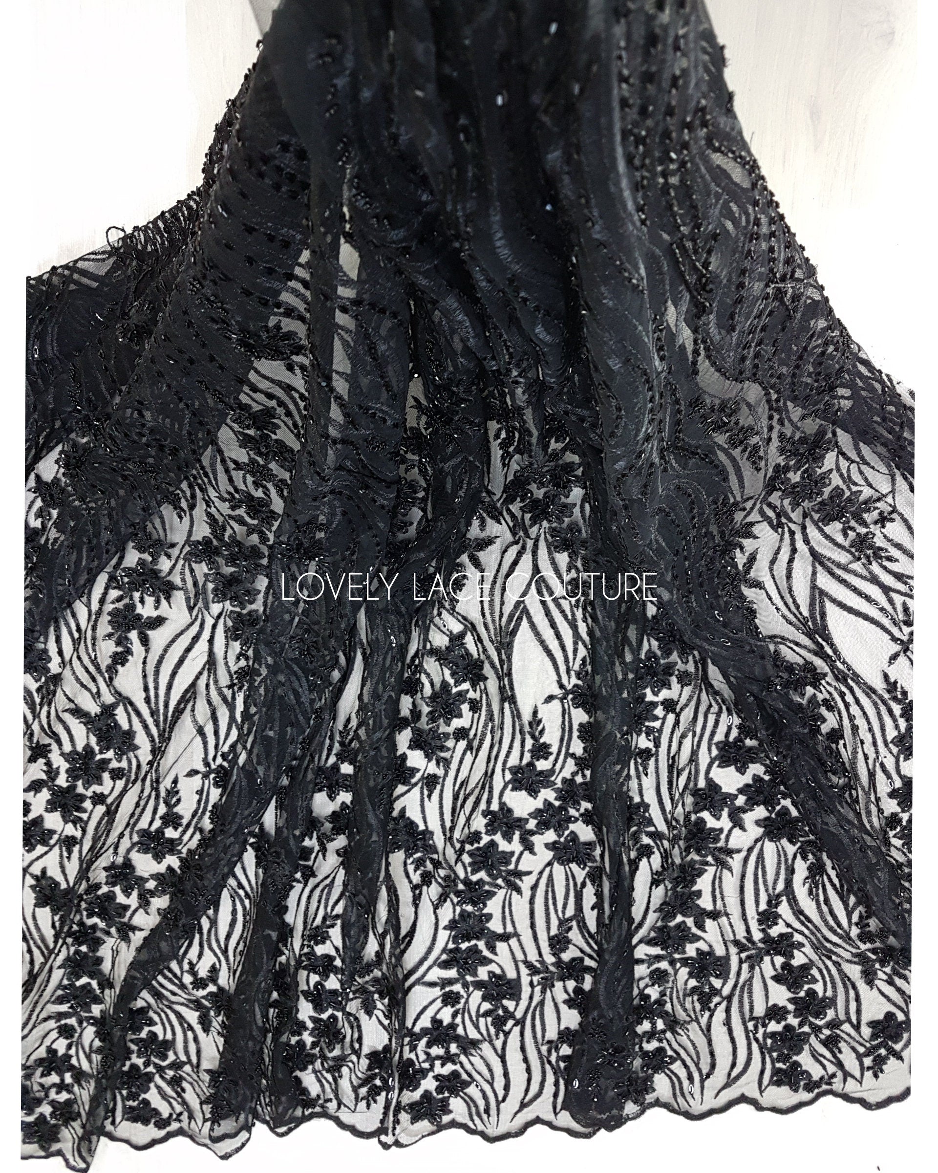 Modern Lace fabric with abstract flower design, black bridal lace, Wedding Lace Fabric, Embroidered lace in dramatic black color LL-1337