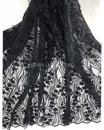 Modern Lace fabric with abstract flower design, black bridal lace, Wedding Lace Fabric, Embroidered lace in dramatic black color LL-1337