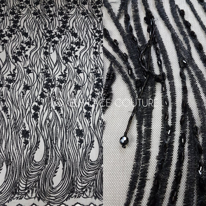 Modern Lace fabric with abstract flower design, black bridal lace, Wedding Lace Fabric, Embroidered lace in dramatic black color LL-1337