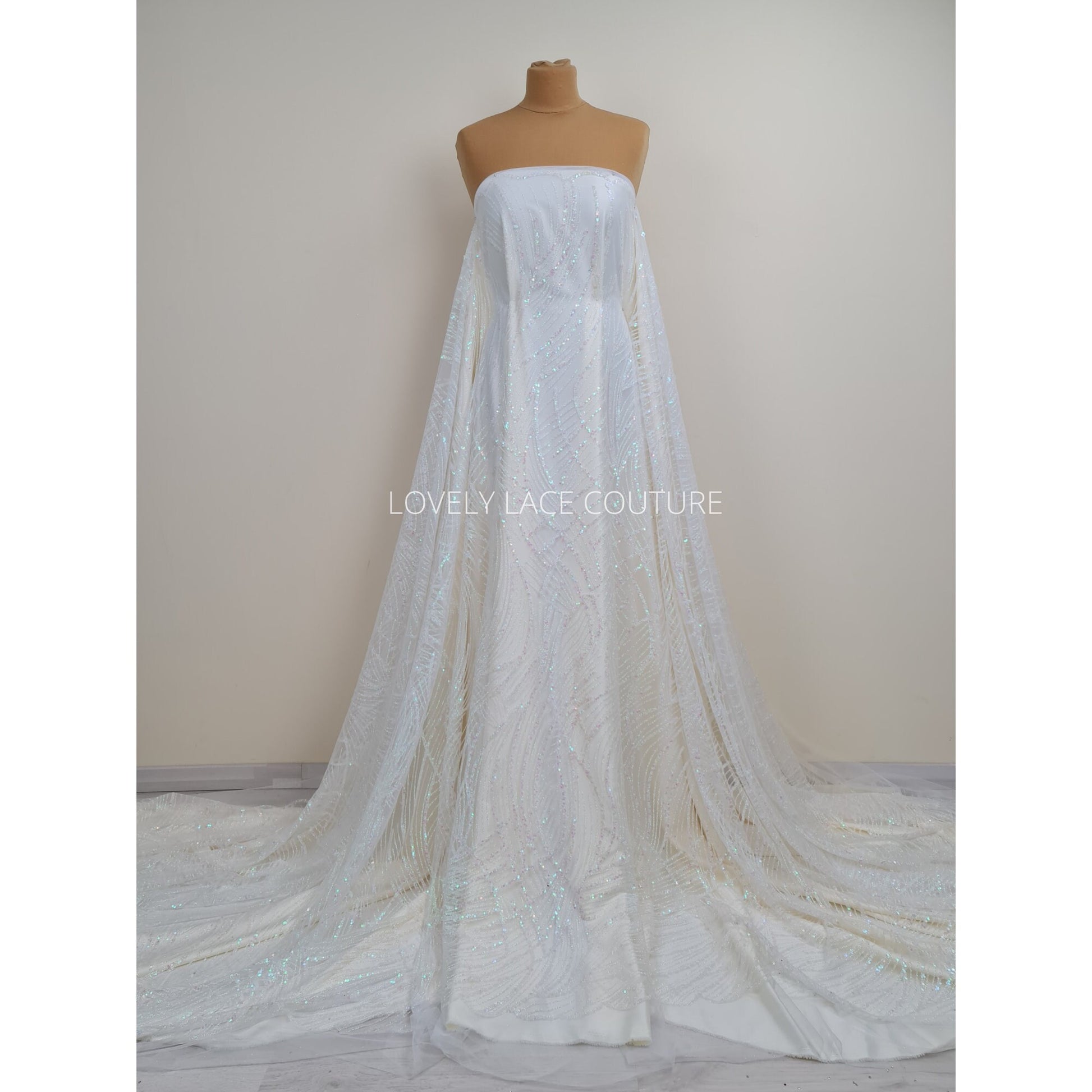 Glitter fabric with sequins in white color, net fabric with abstract design LL-1401