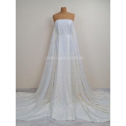 Glitter fabric with sequins in white color, net fabric with abstract design LL-1401