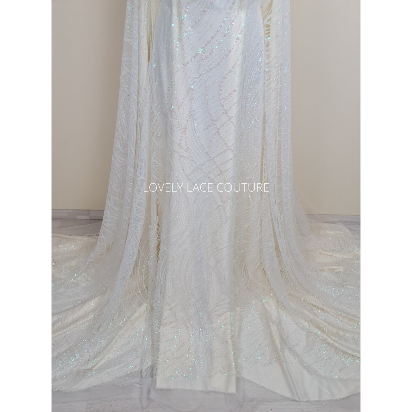 Glitter fabric with sequins in white color, net fabric with abstract design LL-1401
