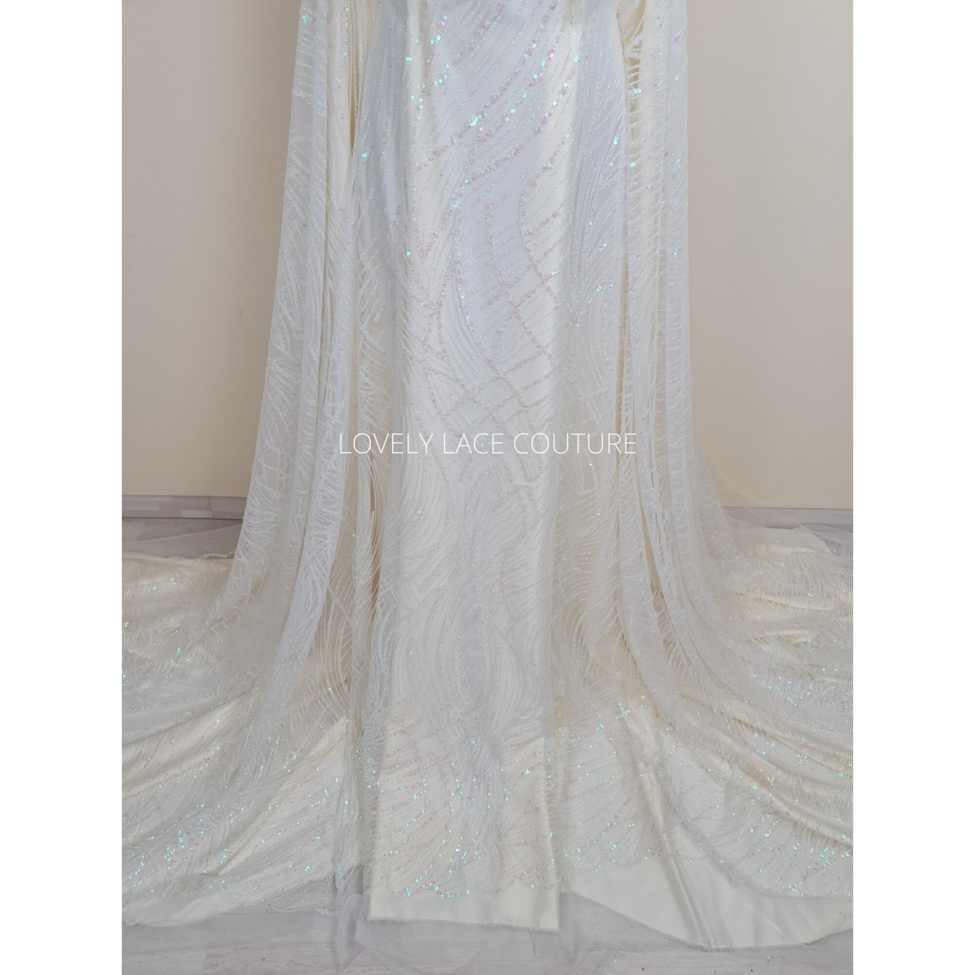 Glitter fabric with sequins in white color, net fabric with abstract design LL-1401