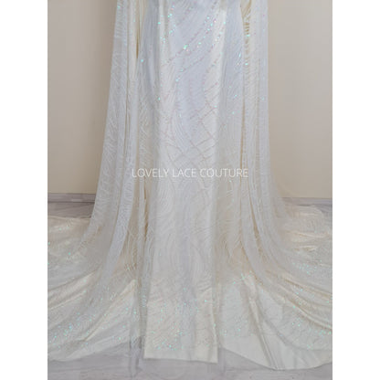 Glitter fabric with sequins in white color, net fabric with abstract design LL-1401