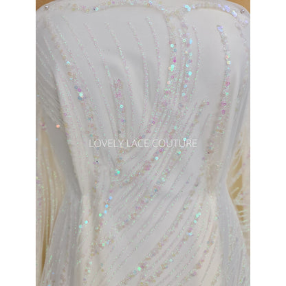 Glitter fabric with sequins in white color, net fabric with abstract design LL-1401