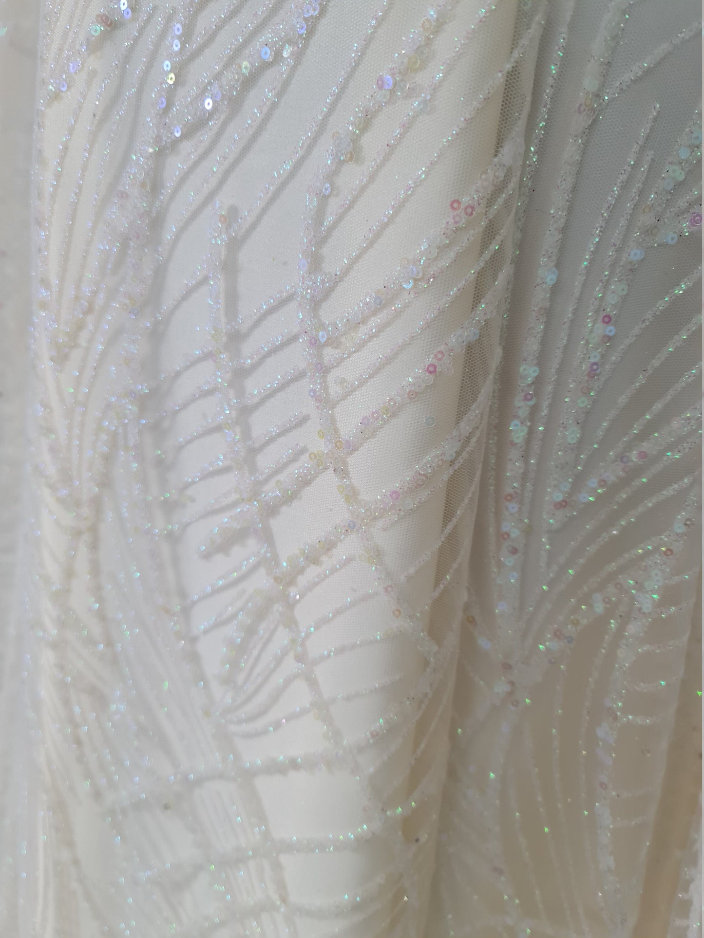 Glitter fabric with sequins in white color, net fabric with abstract design LL-1401