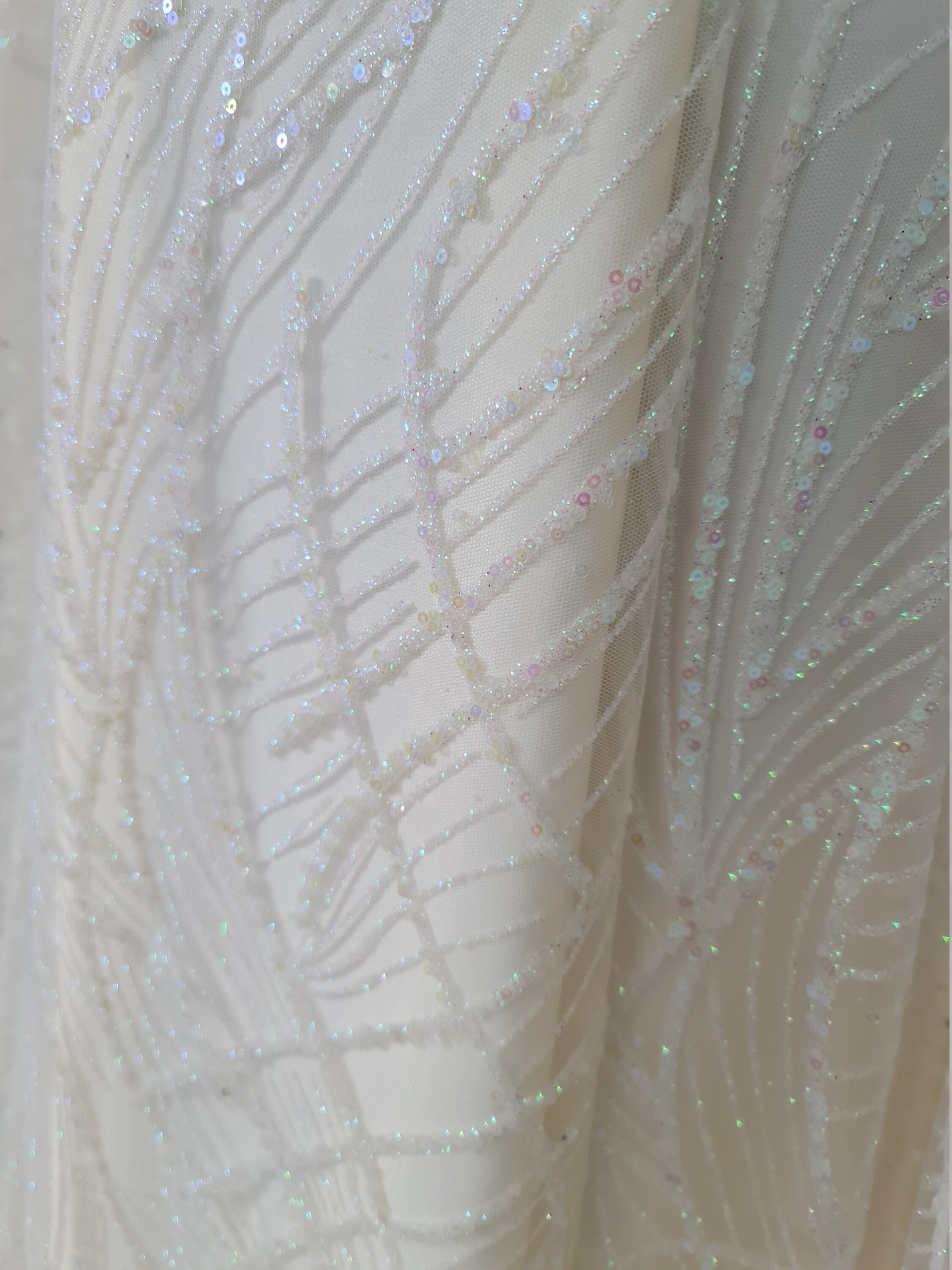 Glitter fabric with sequins in white color, net fabric with abstract design LL-1401