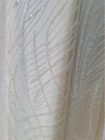 Glitter fabric with sequins in white color, net fabric with abstract design LL-1401