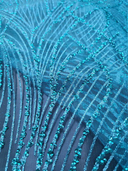 Glitter fabric with sequins in roségold, gold or blue color, net fabric with abstract design