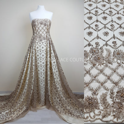 Handmade Lace in gold LL-1446 or mint color LL-1405, beaded bridal lace, Lace Fabric by yard or by metre, wedding Lace for stunning dresses