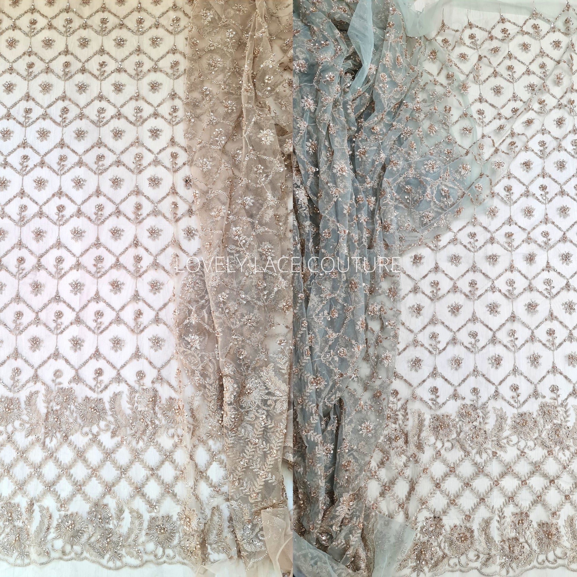 Handmade Lace in gold LL-1446 or mint color LL-1405, beaded bridal lace, Lace Fabric by yard or by metre, wedding Lace for stunning dresses