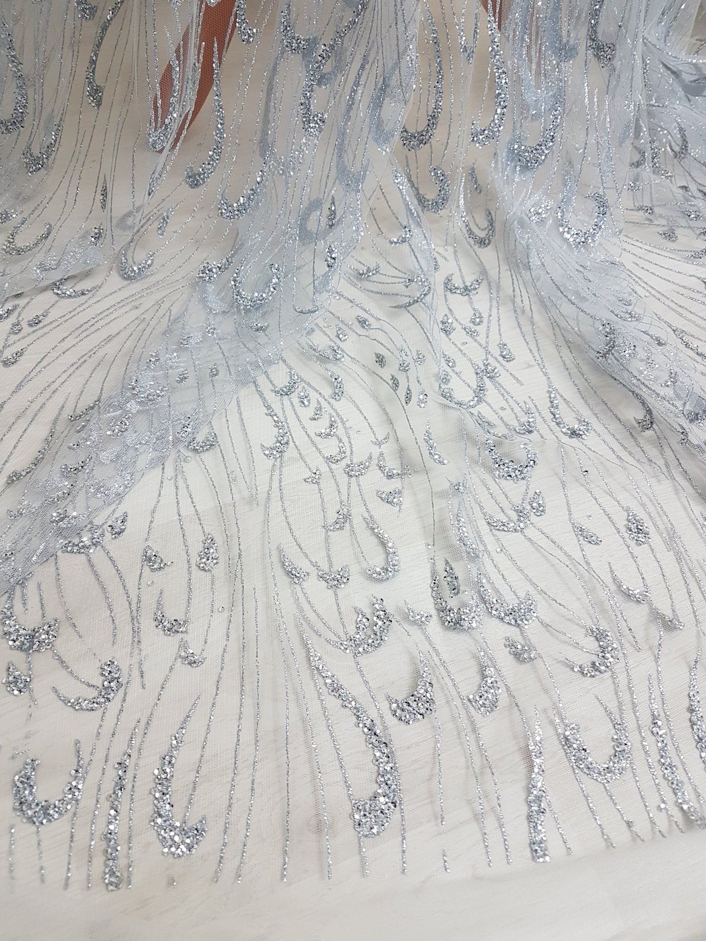Glitter Stoff mit Pailletten in roségold LL-1391 oder silber LL-1392, Netzstoff mit Glitter im abstraktem Design
