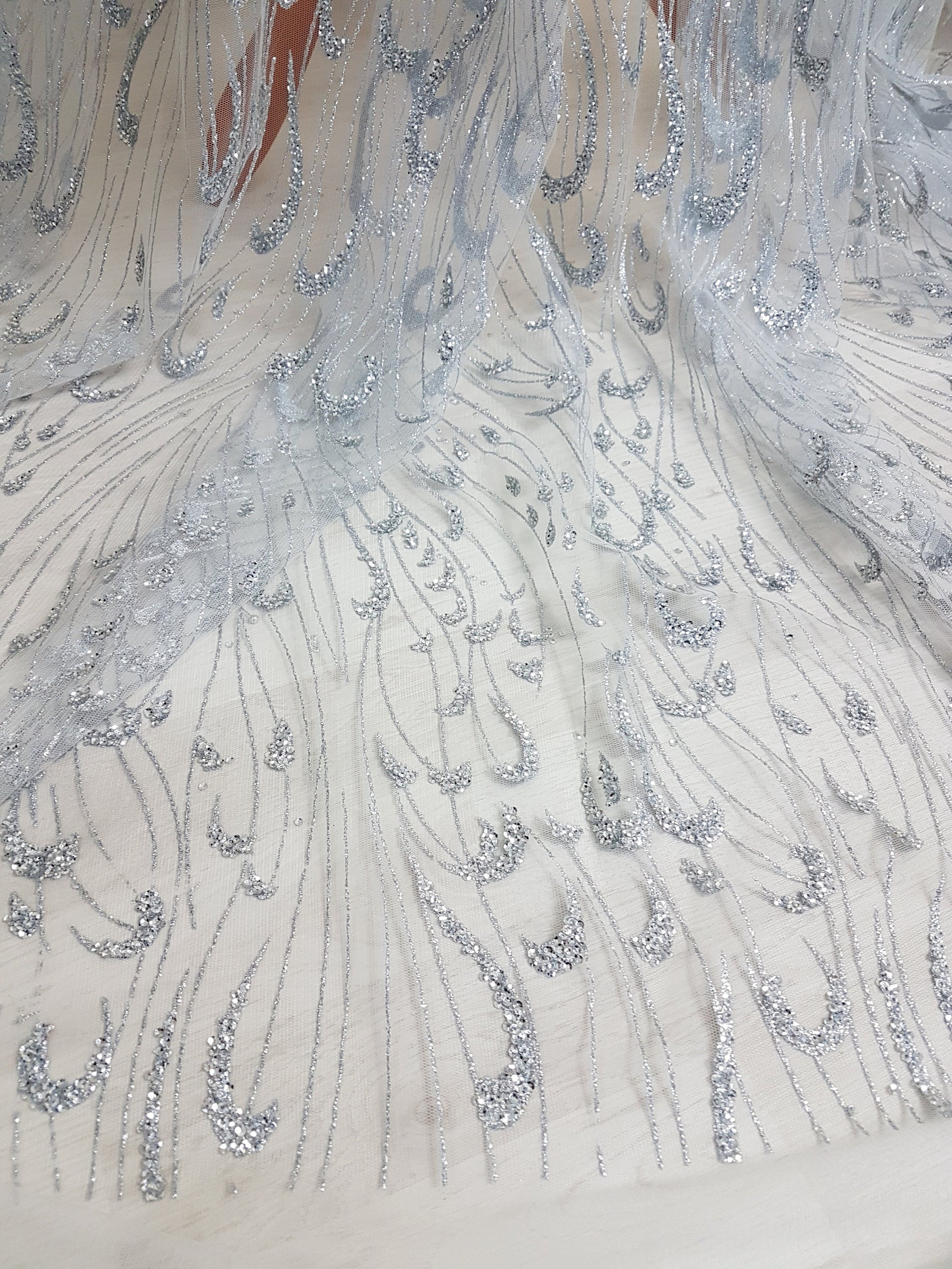 Glitter Stoff mit Pailletten in roségold LL-1391 oder silber LL-1392, Netzstoff mit Glitter im abstraktem Design