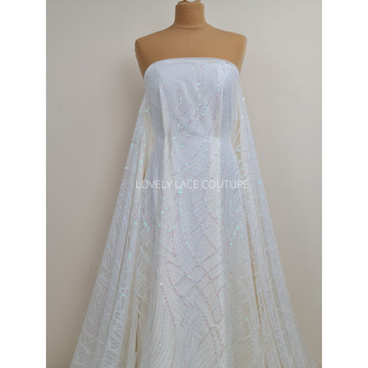Glitter fabric with sequins in white color, net fabric with abstract design LL-1401