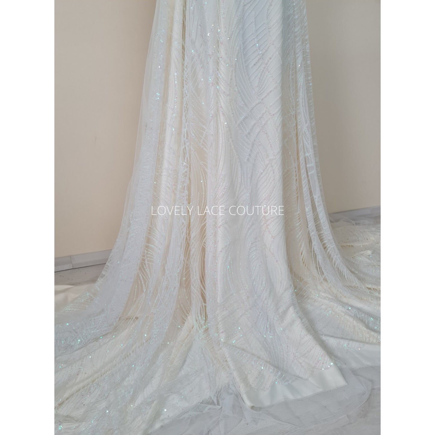 Glitter fabric with sequins in white color, net fabric with abstract design LL-1401