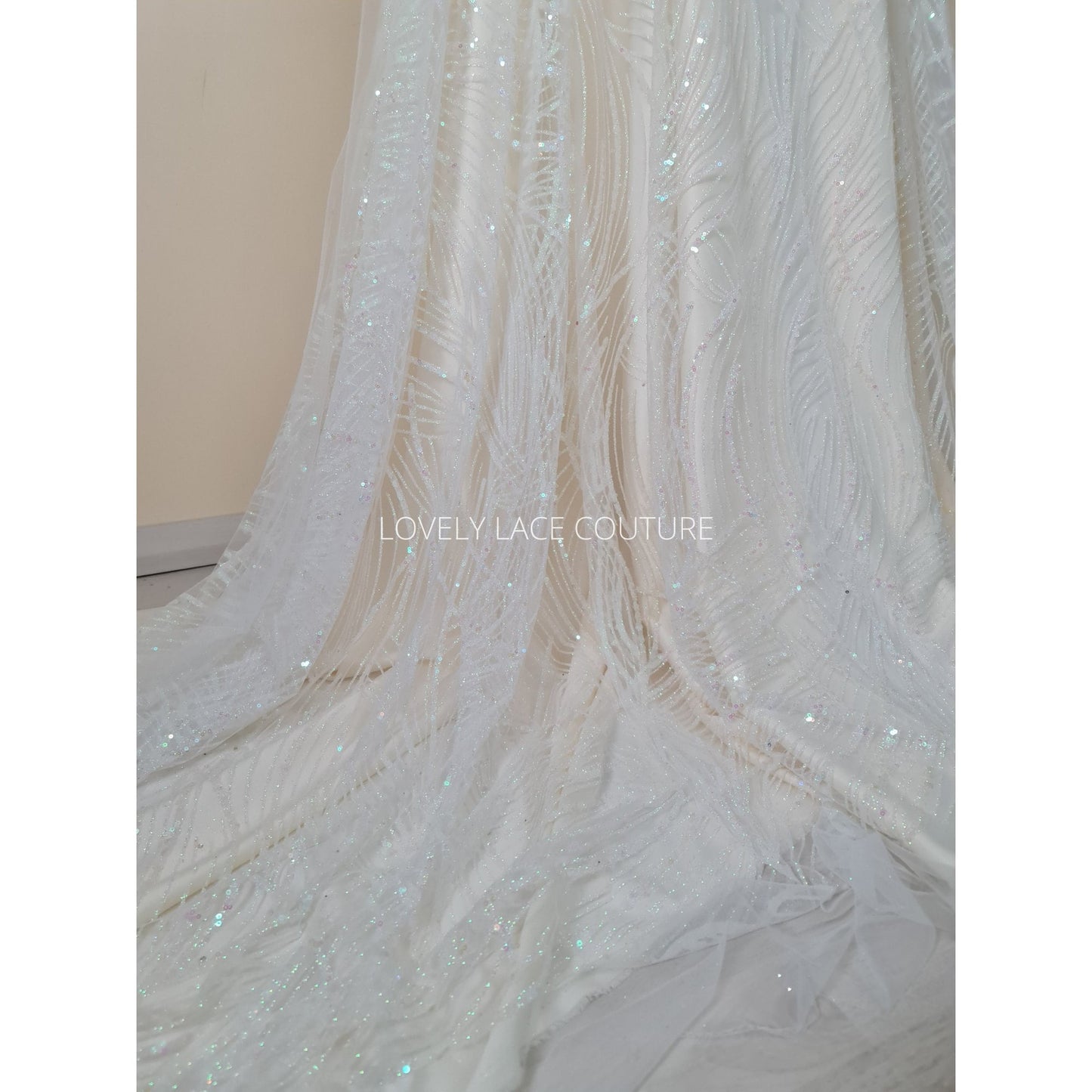 Glitter fabric with sequins in white color, net fabric with abstract design LL-1401
