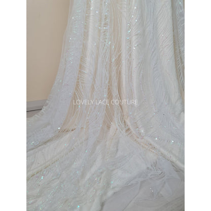 Glitter fabric with sequins in white color, net fabric with abstract design LL-1401