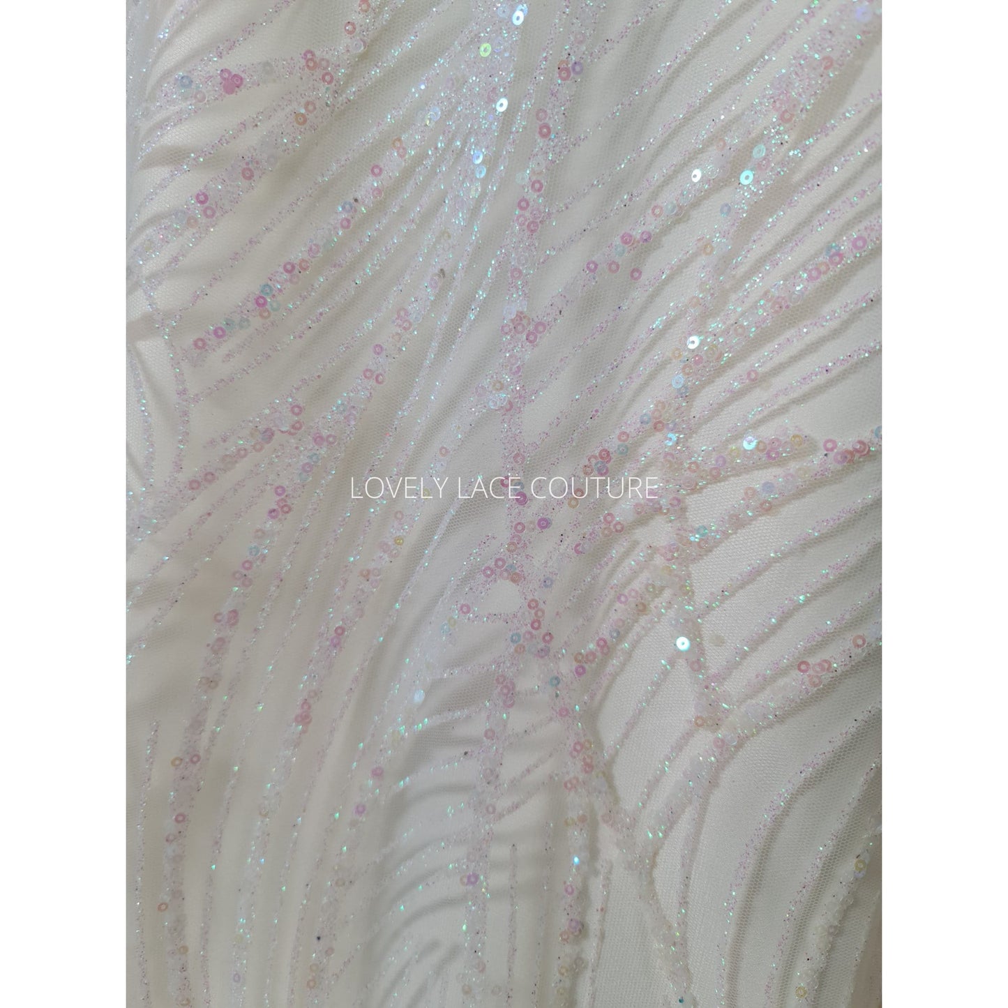 Glitter fabric with sequins in white color, net fabric with abstract design LL-1401