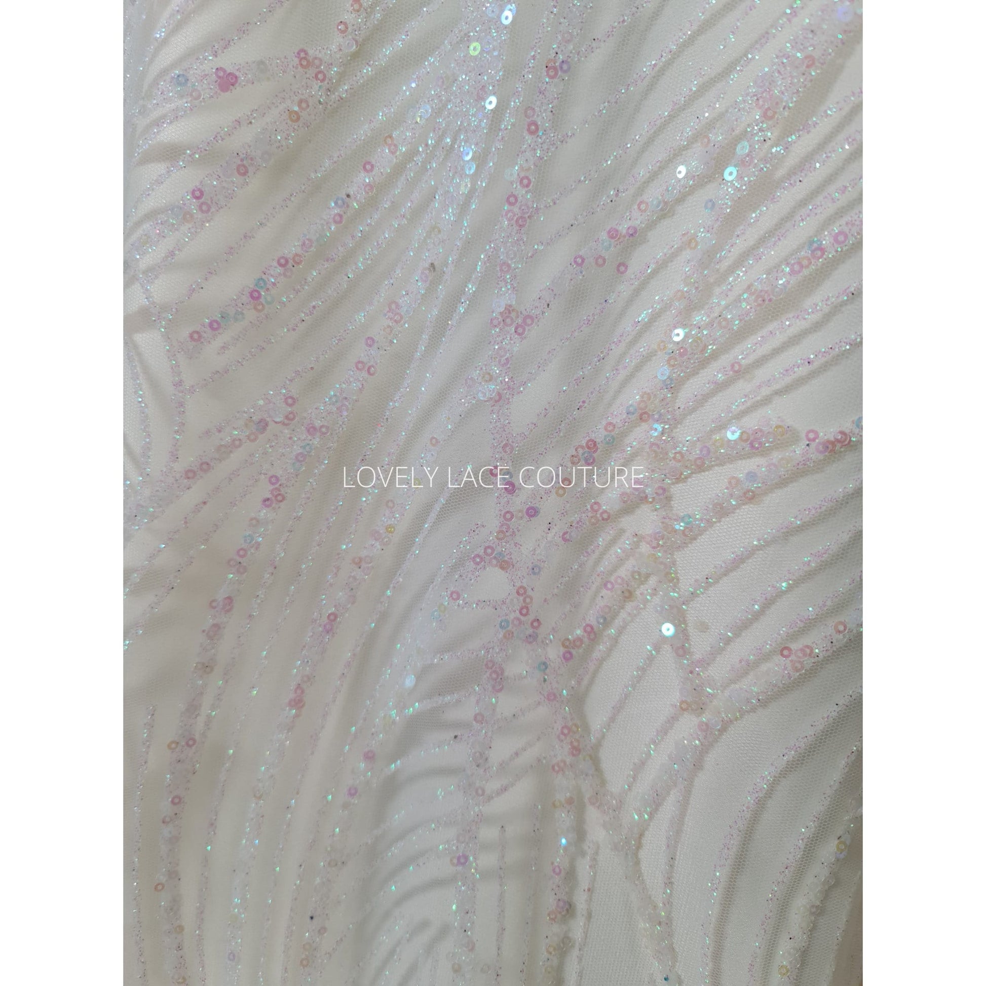 Glitter fabric with sequins in white color, net fabric with abstract design LL-1401
