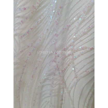 Glitter fabric with sequins in white color, net fabric with abstract design LL-1401