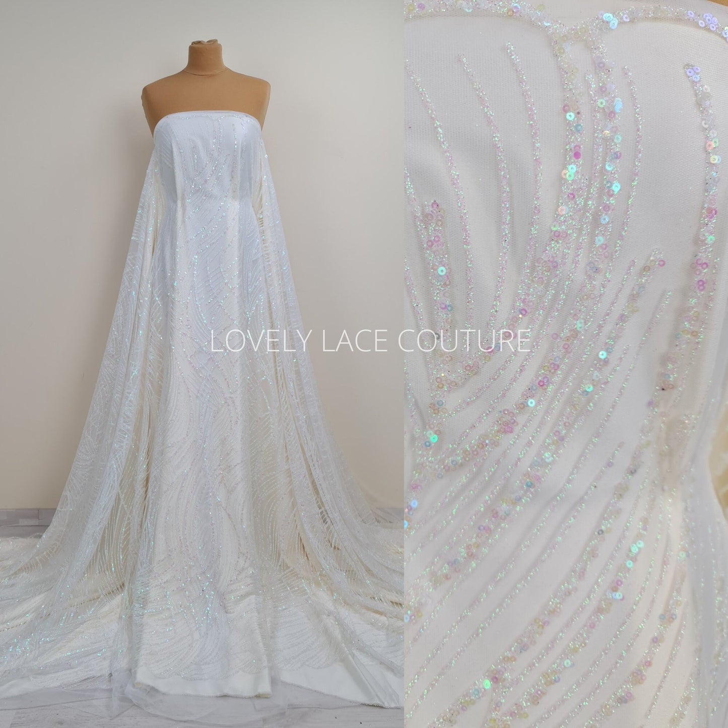 Glitter fabric with sequins in white color, net fabric with abstract design LL-1401