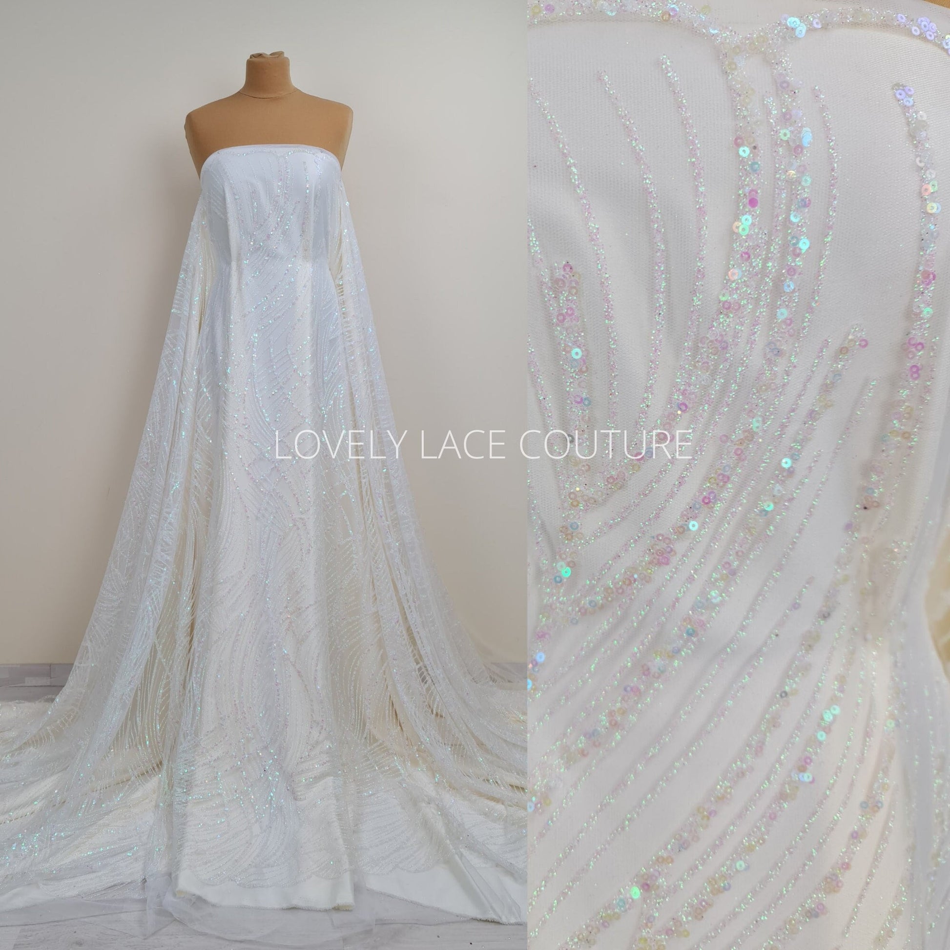 Glitter fabric with sequins in white color, net fabric with abstract design LL-1401