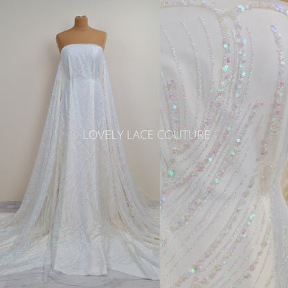 Glitter fabric with sequins in white color, net fabric with abstract design LL-1401
