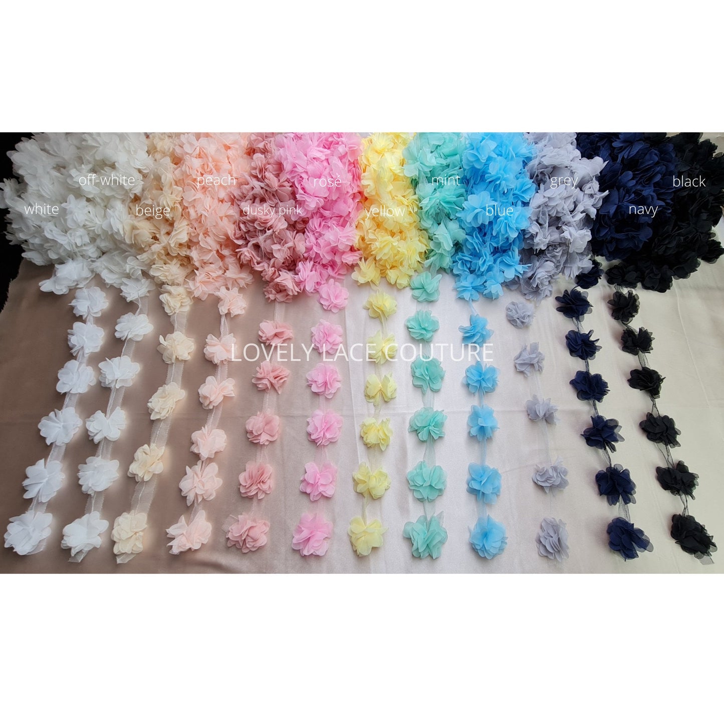 Schöne weiche Stoffblumen, Blumen Applikationen, Blumenband für Dekorationen, Kleider, Brautkleider, Abendkleider, Kopfschmuck