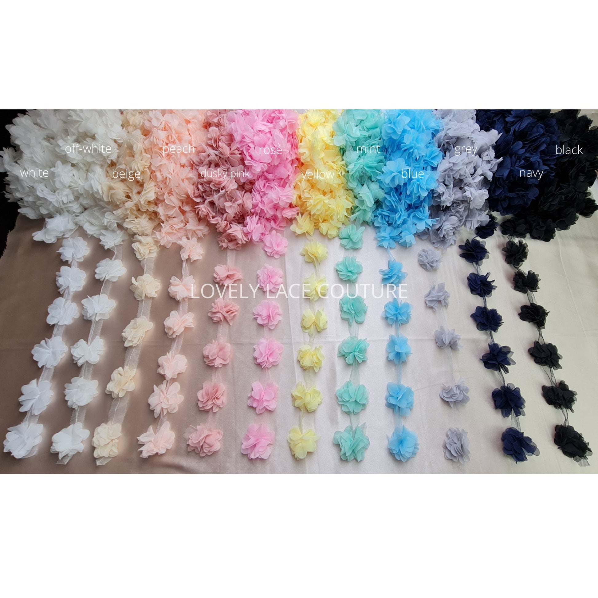 Schöne weiche Stoffblumen, Blumen Applikationen, Blumenband für Dekorationen, Kleider, Brautkleider, Abendkleider, Kopfschmuck