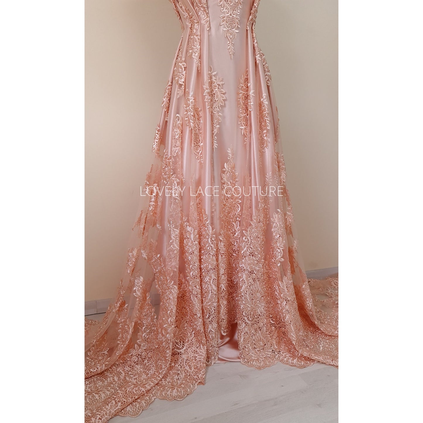 Beaded bridal lace fabric in peach color, Couture Lace Fabric, wedding dress lace, designer lace, ornamental flower lace per yard LL-1428